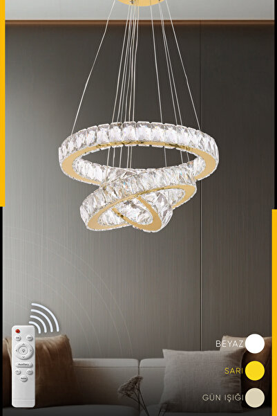 Sword Lighting Üçlü Halka Kristal Ledli Uzaktan Kumandalı Avize, Salon Oturma...
