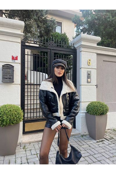 Senarce Women's Black Fur Biker Leather Coat