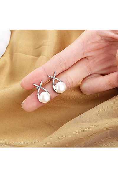 toptanhanem Elegant Pearl and Zircon Stone Steel Earrings - Tarnish and Antiallergic - Silver Color