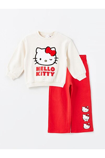 LC Waikiki LCW Kids Bisiklet Yaka Hello Kitty Baskılı Kız Çocuk Sweatshirt ve Pantolon 2'li Takım