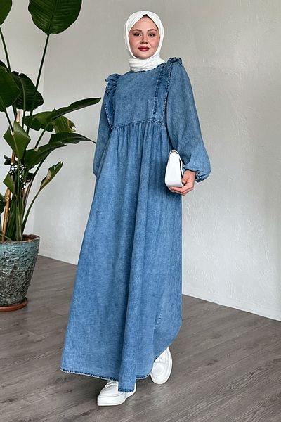 InStyle Rochie albastră din denim cu mânecă cu balon cu volane
