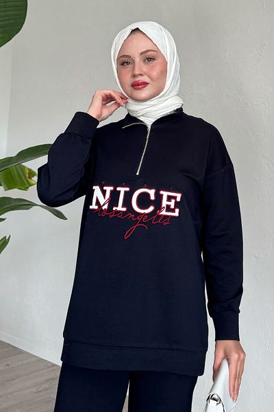 InStyle Nice Written Zippered Navy Blue Double Set