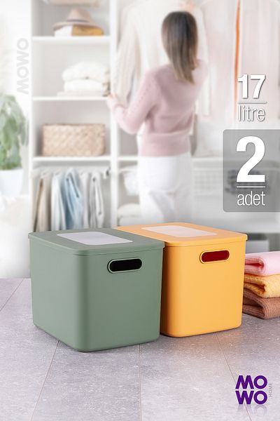 Mowo Home Retro Box 2-Piece Green-Yellow Color 17 Lt Organizer Storage Box with Lid, Organizer
