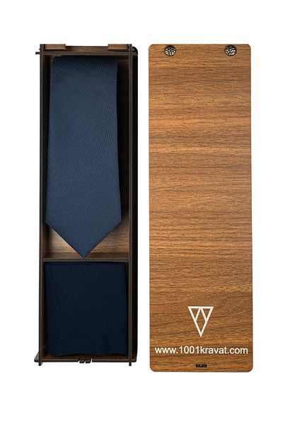 1001 Kravat Men's Gift Set with Wooden Box, Navy Blue Tie and Socks