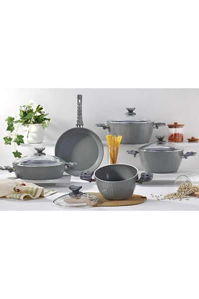AVCI HOME MAKER 9-Piece Farah Cookware Set, Tempered Glass Lids, Non-Stick Ceramic Surface, PFOA Free - Grey