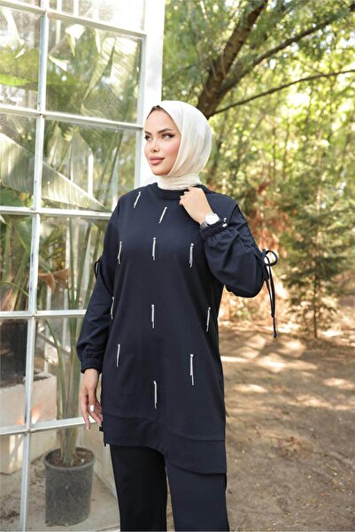 Bwest O Neck Sleeve Lace-Up Stone Detailed Double Hijab Tracksuit Set - (38-46) - 71208 - Navy Blue