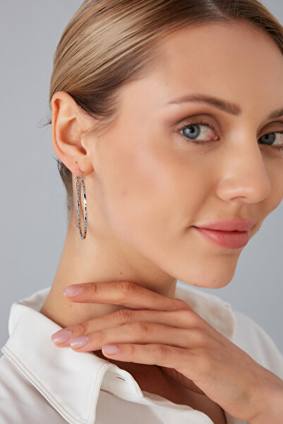 Lina Tia Kadın Çıkıntılı Desenli Model Gümüş Kaplama Çelik Rodyum Kaplama Orta Boy İnce Çember Kombin Küpe