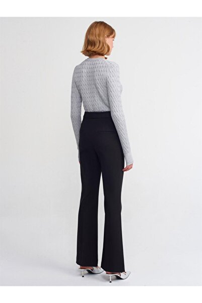 Dilvin 10476 Crew Neck Hair Braided Sweater-Grey