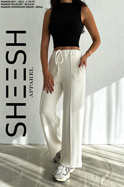 SHEESH APPAREL Yumuşak Dokulu Ekru Geniş Paçalı Modal Çimalı Palazzo Pantolon Eşofman Altı