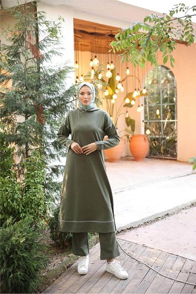 Bwest Khaki Hooded Long Sweat Pants and Hijab Tracksuit Set - 03082.005