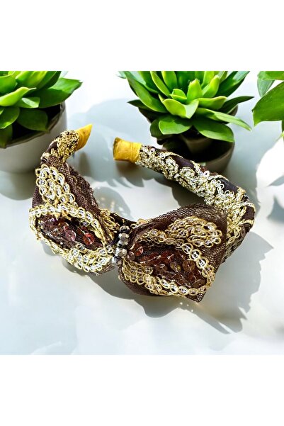 alsaccessories Γυναικείο καφέ και χρυσό λεπτομερές κομψό στέμμα με παγιέτες μ...