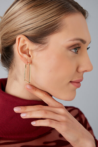 Lina Tia Kadın Kare Desenli Model Altın Kaplama Çelik Rodyum Kaplama Orta Boy İnce Çember Halka Kombin Küpe