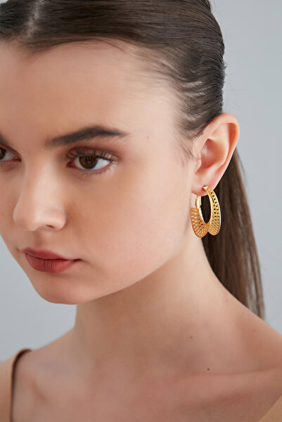 Lina Tia Kadın Kanatlı Yatay Halka Tasarım Model Çelik Altın Kaplama Trend Vintage Bohem Stil Gelin Küpe