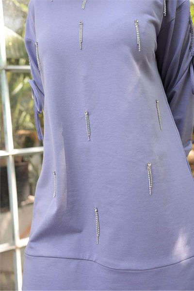Bwest O Neck Sleeve Lace-Up Stone Detailed Double Hijab Tracksuit Set - (38-46) - 71208 - Lilac