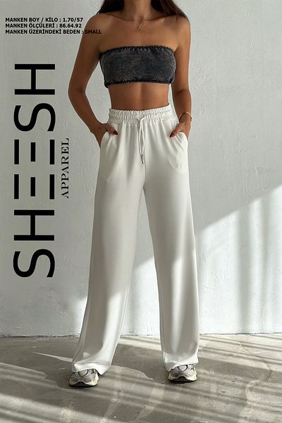 SHEESH APPAREL بنطال رياضي ناعم ومزخرف بأرجل واسعة من Modal باللون الأبيض الفاتح