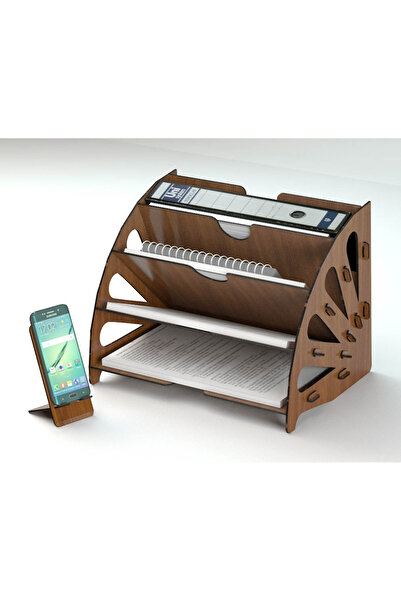 4 GÖZLÜ EVRAKLIK VE TELEFON SITANDI AHŞAP CEVİZ RENGİ MASAÜSTÜ DÜZENLEYİCİ