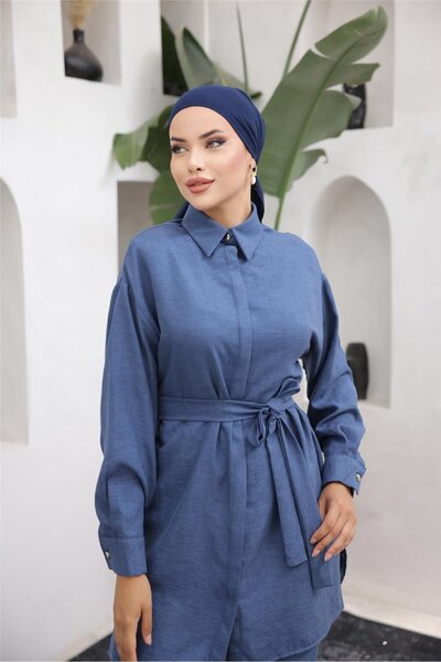 Bwest Shirt Collar Belt Detailed Double Set - (38-46) - 71199 - Navy Blue