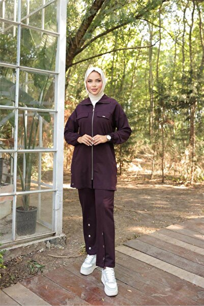 Genel Markalar Fermuarlı Cepli Çıtçıt Detayı İkili Tesettür Eşofman Takımı - (38-46) - 71207 - Mürdüm