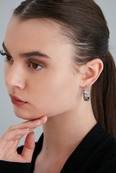 Lina Tia Kadın Kare Bağlantılı Tasarım Model Çelik Gümüş Kaplama Vintage Stil Yuvarlak Abiye Kombin Küpe