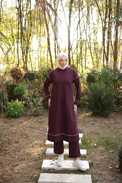 Bwest Kapşonlu Uzun Sweat Pantolon İkili Tesettür Eşofman Takımı - 03082.020 - Mürdüm