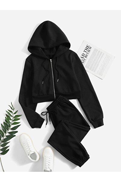 Fun Fashion Μαύρη ζακέτα crop και αθλητικό παντελόνι jogger - Σετ 2 τεμαχίων ...