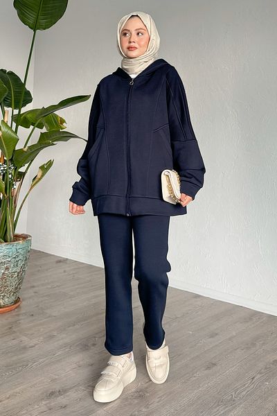 InStyle Navy Blue Double Pocket Hooded Double Set
