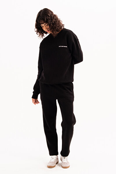 JUSTEVER Μαύρο γυναικείο παντελόνι αθλητικής φόρμας Relaxed Fit Raised με φλις εσωτερικά - Echo