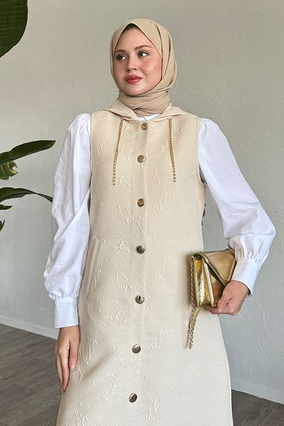 InStyle سترة مبطنة من قماش الجاكار باللون البيج - تفاصيل سلسلة