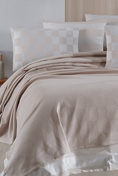 Enlora Home Kare Örgü Pike Takımı Çift Kişilik Bej