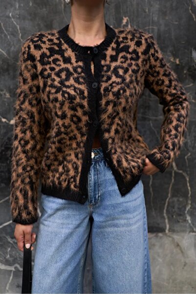 Lady MORE Kadın Kahve Leopar Triko Yumoş Hırka