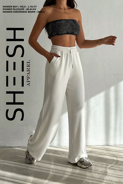 SHEESH APPAREL بنطال رياضي ناعم ومزخرف بأرجل واسعة من Modal باللون الأبيض الفاتح