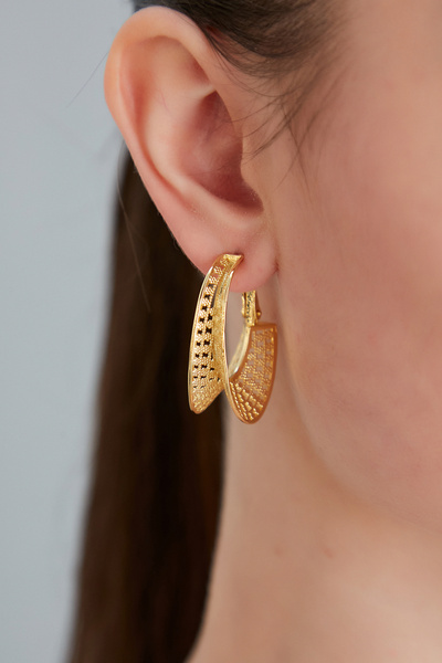 Lina Tia Kadın Kanatlı Yatay Halka Tasarım Model Çelik Altın Kaplama Trend Vintage Bohem Stil Gelin Küpe