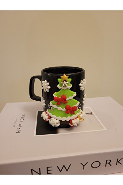 plndizayn Çam Ağacı Süslemeleri Polimerkil Tasarımlı Porselen Kupa Bardak Hed...