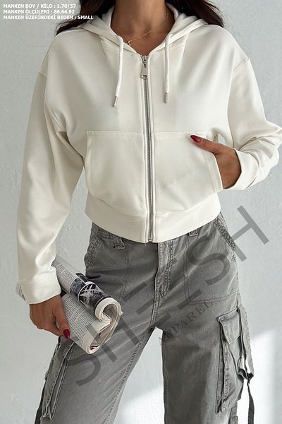 SHEESH APPAREL Off-White Ecru - Zip-Up Soft Modal Crop Sweatshirt Hoodie