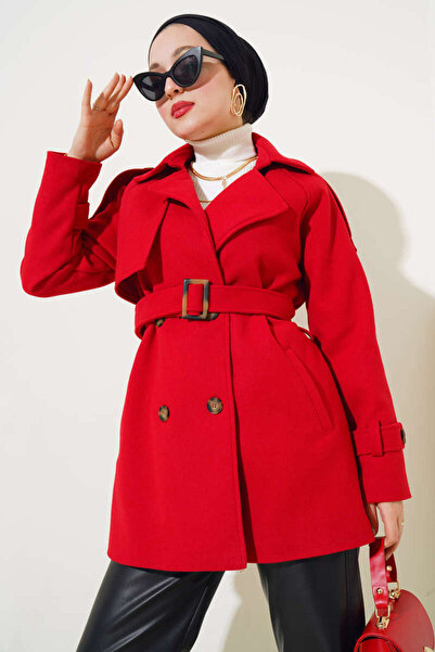 Mr marry Omuz Apoletli Kuşaklı Kısa Kaşe Kaban