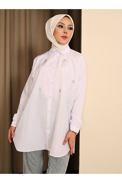 Nergis Neva Butik تونيك النرجس الأبيض - بتفاصيل حجرية