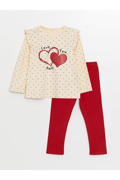 LC Waikiki Lcw Kids Printed Crew Neck Printed Girls Blouse and Leggings Set of 2