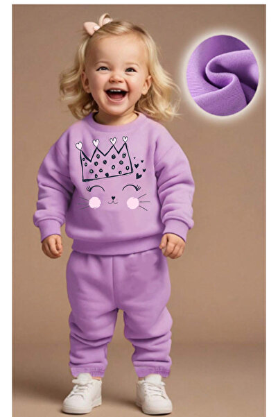 bebekpare Kız Çocuk İki İplik Alt Üst Takım %100 Pamuk Prenses Kedi