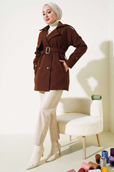 Mr marry Omuz Apoletli Kuşaklı Kısa Kaşe Kaban