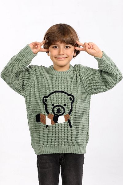 Cloudy Kids Pulover tricotat brodat cu ursuleț de pluș pentru băiat