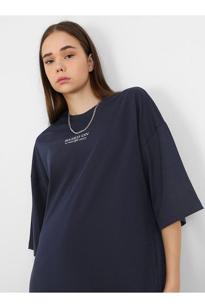 Benin Oversize Print Λεπτομερές Γυναικείο T-Shirt - Navy Blue - Benin
