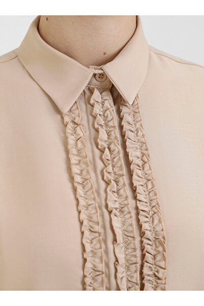 Refka Yakası Fırfır Detaylı Poplin Kumaş Gömlek - Bej - Refka