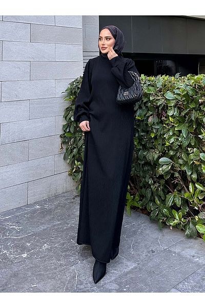 SAHRA BUTİK Self Pleated Dress - Black - Sahra Butik