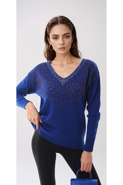 T Guel Pulover de damă Saks cu guler albastru cu decolteu în V cu model