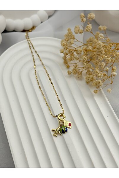 Kurdele Sanat Atölyesi Çelik Uçak Charmlı Seyahat Kolye