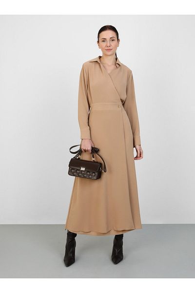 Refka Aerobin Side Button Detailed Hijab Dress - Beige - Refka