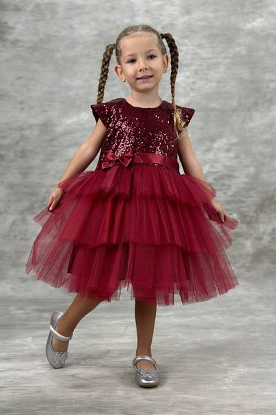 ABİYEKİDS Children's Evening Dress - Sequined Burgundy Sequin Katkat 2/11 Years Old 23 April Show Dress Aby4560