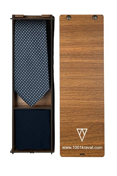 1001 Kravat Men's Gift Set with Wooden Box Classic Navy Blue Tie and Socks