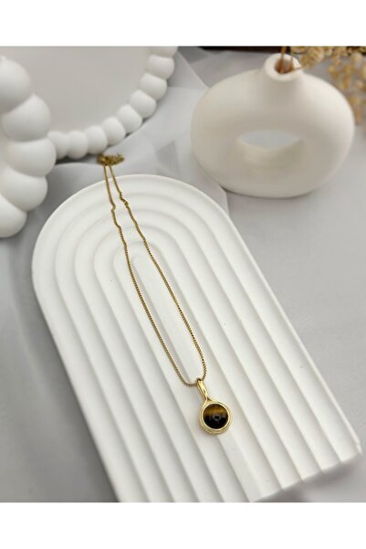 Kurdele Sanat Atölyesi Gold Zincirli Çelik Taş Kolye