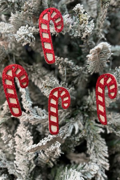 Huzur Party Store Christmas Pine Tree - 4 Pieces Red Eva Candy Cane, 9 cm Glitter Shiny Hanging Ornament